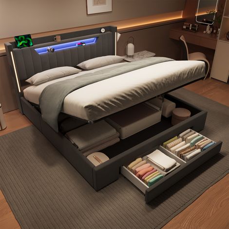 Etagenbett 160/200 cm in Dunkelgrau aus Samt mit hydraulischem Bettkasten und LED (1/5)