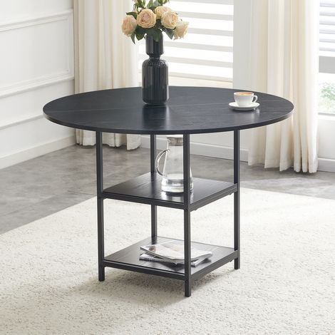 Table ronde noire Ø107 cm avec double étagère de rangement, plateau MDF + piètement métal, pour 2–4 personnes, parfaite pour les repas familiaux européens. (1/5)