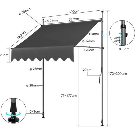 Grey 250cm No Drill Retractable Awning, Manual Hand Crank Adjustable Telescopic Canopy, Waterproof UV Protection Outdoor Sun Shade Shelter for Balcony Patio Garden (1/5)