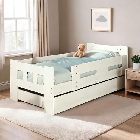 Kids Single Pull Out Trundle Guest Bed Wooden Frame Home Bedroom Furniture White (1/5)