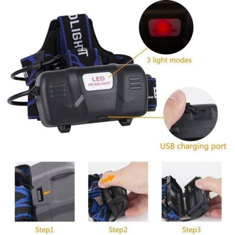 Lampe Frontale LED Puissante Rechargeable Torche Frontale Lampe Phare Orientable 3 Modes LED Frontale avec Câble USB et 2 Piles 186 (1/5)