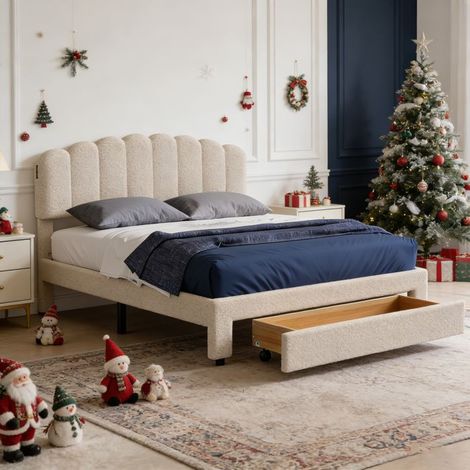 Cama doble 140x190 cm - POCKETPOP - puerto USB - 1 cajón - Terciopelo Teddy beige - Cabecera ajustable (1/5)