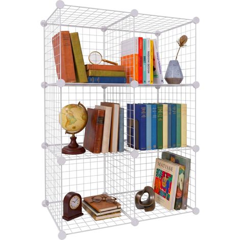 Relaxdays estantería modular de cubos, 6 cubos, DIY, 110x37x75 cm, rejilla metálica, blanco