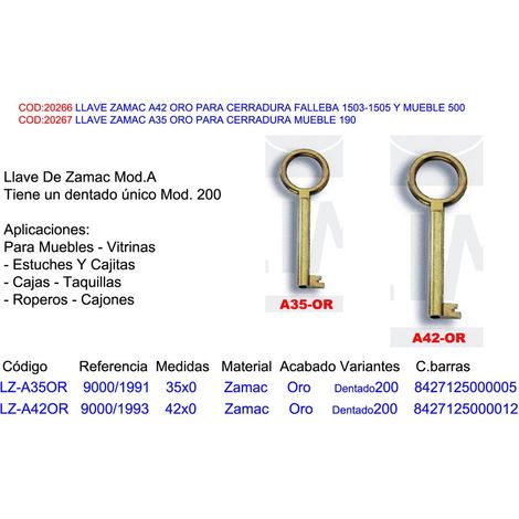 Clé dorée Zamac A42 pour serrure Falleba 1503 1505 meuble 500