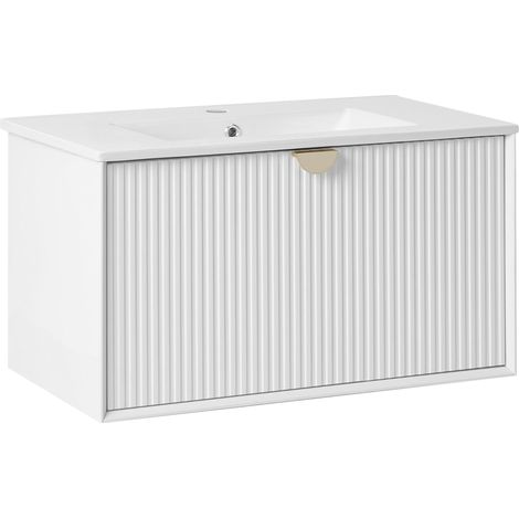 Meuble Sous-Vasque avec Lavabo en Bois d'Ingénierie 80 x 43 cm Rangement Salle de Bain Blanc Bonaire