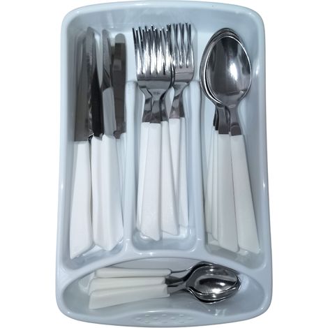 Servizio di Posate completo 24 Pezzi per tavola di 6 persone manico bianco in Acciaio Inossidabile Lavabili in Lavastoviglie Made in Italy in omaggio il Porta Posate da Cassetto