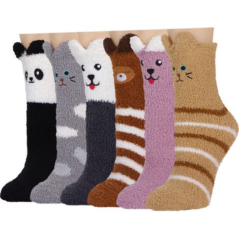 Chaussettes-chaussons en peluche pour femmes - Lot de 6 paires - Motifs animaux colorés - Chaussettes chaudes et moelleuses, épaisses, confortables et antidérapantes, idéales pour l'hiver à la maison. (1/5)