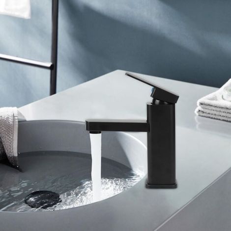 Grifo de baño negro, mezclador para lavabo en aleación con agua fría y caliente disponible, grifo para lavabo con dos mangueras (1/4)