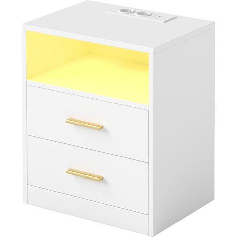 Table d’Appoint Modernes avec Tiroirs, Lumières LED, Multiprises et Ports USB, pour Chambre, Blanc (1/5)