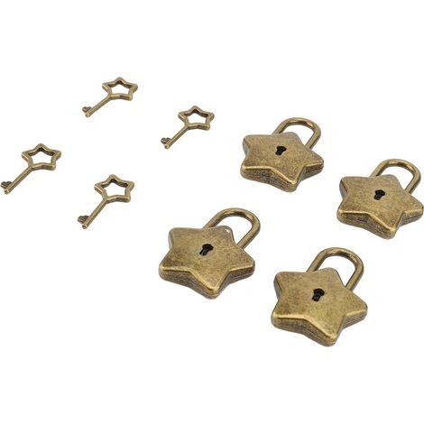 4er-Set Schatztruhen-Vorhängeschloss Mini-Metall-Tagebuch-Schmuckkästchen Dekoratives Schloss mit Schlüssel S007 Fünfzackiger Stern in Antikmessing‌ (1/5)