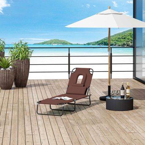 Bain de Soleil Pliable transat inclinable 4 Positions Chaise Longue 3 Coussins fournis Marron
