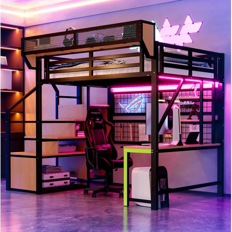 Lit mezzanine 140x200 avec bureau métal noir HAVRYA (1/5)