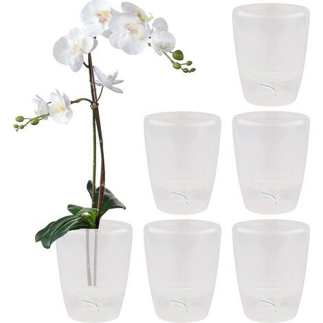 ZOLGINAH Lot de 6 pots à orchidée à arrosage automatique avec système de mèche et indicateur de niveau d'eau pour l'intérieur Diamètre 12 cm Transparent 1,3 l (1/5)