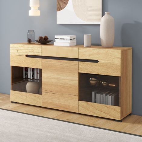 URBAN MEUBLE Buffet moderne LED rangement 3 portes 3 tiroirs 140x35x80cm (1/5)