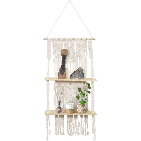 Bohemian Double Tier Macrame Wooden Wall Shelf Design, Indoor Plant Floating Rope Hanging Shelf, Decorative Storage for Bathroom Kitchen Bedroom Living Room Office