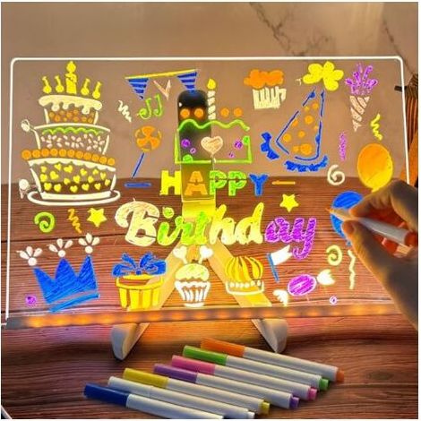 Tableau acrylique lumineux 30x20 cm – Message LED essuyable – Acrylique transparent – Avec 7 pinceaux colorés et support réglable - Fille-2030cm (1/5)