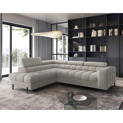 Bestmobilier – Canapé d'angle gauche 5 places convertible – Coffre de rangement – Têtières réglables – Tissu bouclette taupe (1/5)