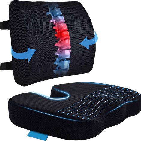 Ensemble en velours bleu marine avec soutien lombaire et coussin d'assise Coussin de soutien lombaire, dossier en mousse à mémoire de forme, coussin d'assise respirant en maille pour l'été avec rebond (1/4)