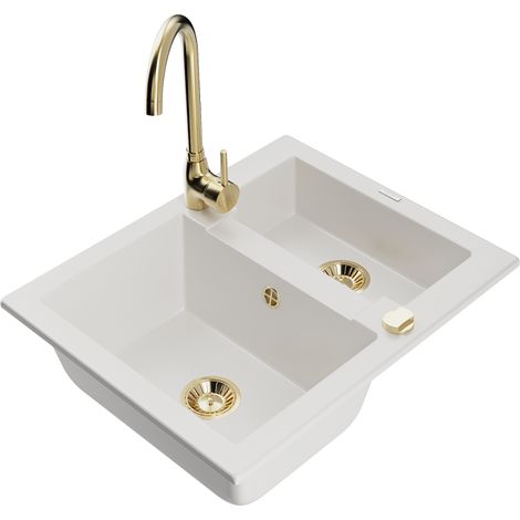 Mexen Carlos lavello in granito con 1,5 vasche e rubinetto da cucina Telma, bianco - 6518-20-670200-50 (1/5)
