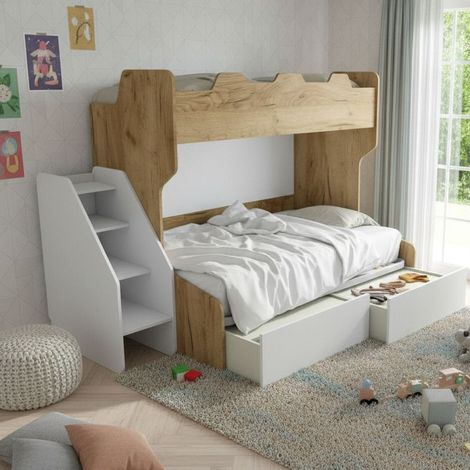 Letto a castello 3 posti con terzo letto estraibile e scaletta contenitore - Una piazza e mezza - Quercia e Bianco