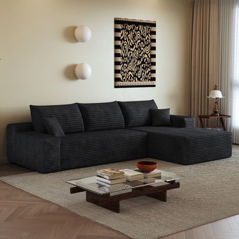 Canapé d’angle modulable de 270 cm en tissu noir avec chaise longue en L (1/5)