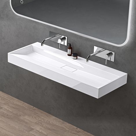 doporro Lavabo da Appoggio Bagno Sospeso Lavandino Rettangolare in Marmoresina con Piletta di Scarico Inclusa Colossum19, 120x46x11 cm Bianco Lucido Senza Foro per Rubinetto
