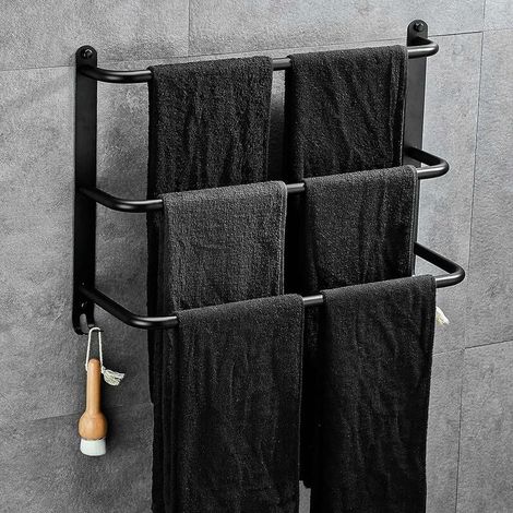 LTS FAFA Portasciugamani in Acciaio Inox 3 Livelli Senza Foratura Portasciugamani per Bagno Cucina Toilette Nero (1/5)