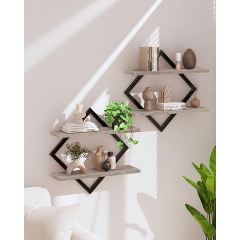 Étagère flottantes, Lot de 2, Étagères murales à 2 Niveaux, Rangements Suspendus avec Cadre métallique losangé, pour Salon, Chambre, Cuisine, Bureau, Gris Patiné et Noir (1/5)