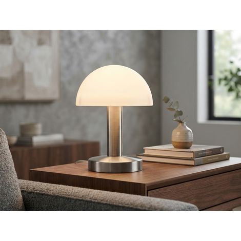 Kleine Tischlampe WARIN mit E14 Glasschirm Weiß per Touch dimmbar, Höhe 21cm (1/5)