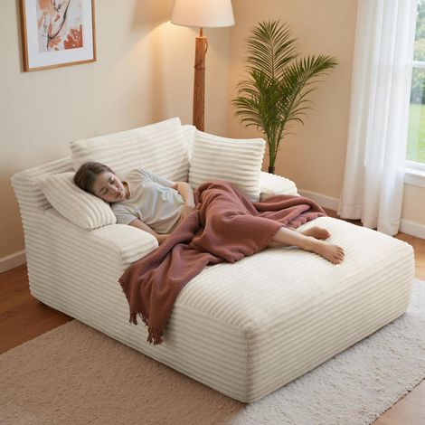 Bodensofa mit Schlaffunktion, Cord, Chaiselongue, Beige (1/5)