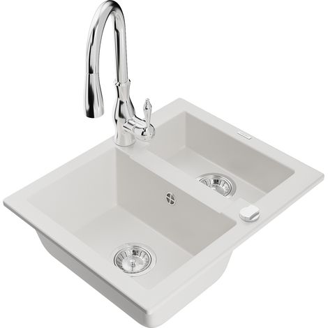 Mexen Carlos fregadero de granito 1,5 senos con grifo de cocina Savita, blanco - 6518-20-672601-00 (1/5)