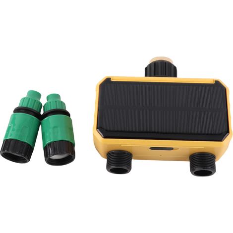 Ortviai Minuterie d'arrosage solaire double sortie avec capteur de pluie et batterie intégrée pour jardin, balcon et toiture (1/5)