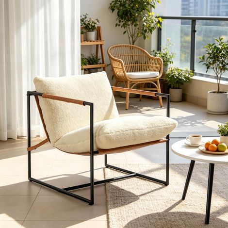 Fauteuil de salon bouclé crème structure en acier carbone 77 x 91 x 80 cm OKWISH (1/5)