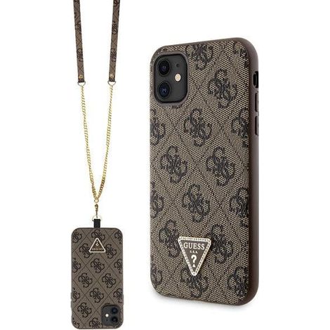 Coque rigide marron/marron Guess GUHCN61P4TDSCPW pour iPhone 11/Xr 6,1" avec logo métallique et bandoulière 4G