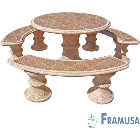CONJUNTO COMEDOR PIEDRA CIRCULAR JARDIN ABETO TOSTADO CON AZULEJOS OCRE