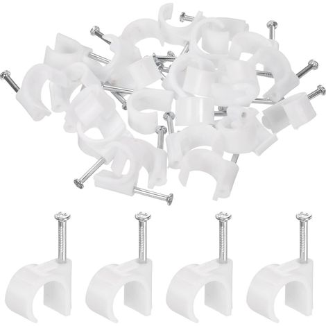 50pcs Attaches Câbles Avec Clou 16mm Circulaire Simple Crochet Demi-Pince J-Crochet Avec Clou Attaches Cordon Pour Fils Sur Mur Pour Ethernet Clous Coax Support Tuyau PEX, Blanc (1/5)