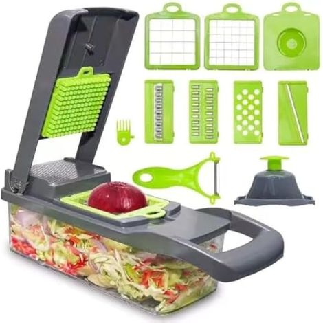 Hachoir à légumes professionnel 16 en 1 multifonction - Trancheuse de légumes de cuisine avec 8 lames, hachoir à carottes avec récipient (gris) (1/5)