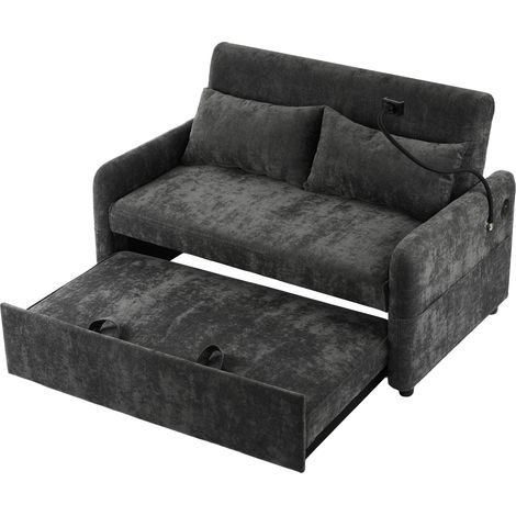 Moderno sofá cama doble plegable gris, con respaldo ajustable, soporte para teléfono móvil y puerto de carga USB, ideal para sala de estar, dormitorio y apartamentos con cine en casa. (1/5)