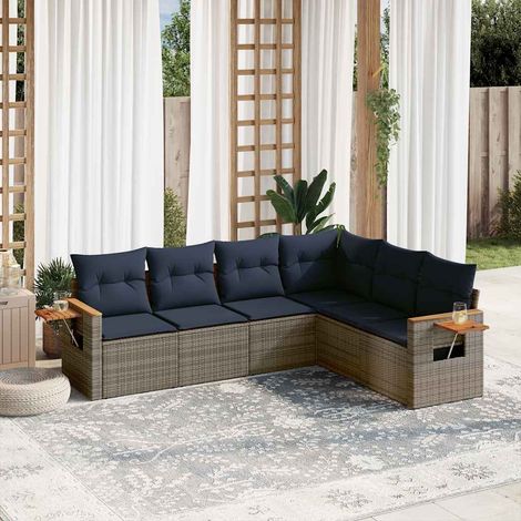 6-tlg. Garten-Sofagarnitur mit Kissen Grau Poly Rattan (1/5)