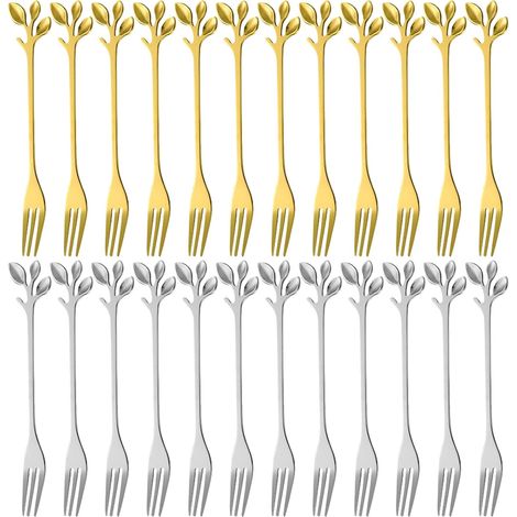 Forchette da torta, 24 pezzi, forchette in acciaio inox, forchette a foglia da 12 cm, lavabili in lavastoviglie, forchette lucidate a specchio, set di forchette da torta (oro + argento)