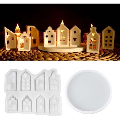 8er Silikonform Haus mit Sockel, 3D Kerzenhalter Gießform für Gips, Zement, Beton, DIY Deko