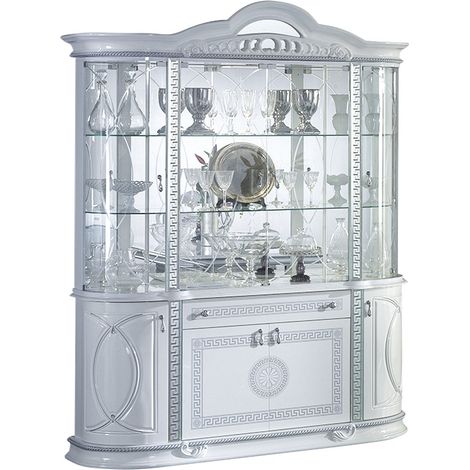 Les Tendances – Vitrine 8 portes 1 tiroir en bois vernis laqué brillant blanc et gris – Dimensions L 163 x H 217 x P 45 cm – 4 portes vitrées en cristal (1/2)