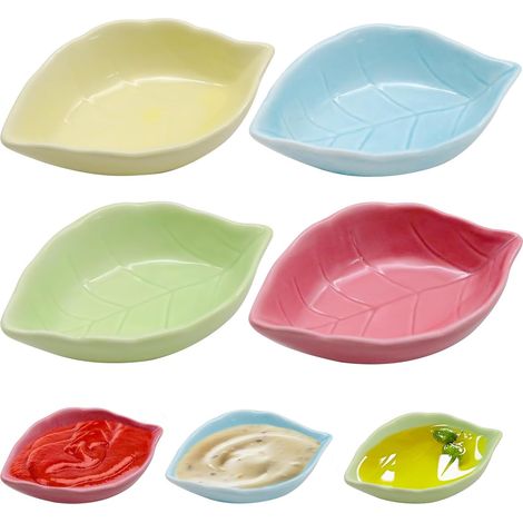 Set mit 4 blattförmigen Keramik-Saucenschalen – 11 x 7,5 cm – Blattform – Handgefertigt – 4 Farben – Kleine Snackschalen – Für Sojasauce, Saucen, Gewürze und Obst (1/5)