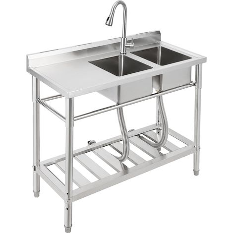 Évier de cuisine autoportant en acier inoxydable 99 × 46 × 102 cm, 1 bac, évier avec robinet, tuyaux d'eau froide et chaude, pour buanderie, cuisine extérieure, magasin, restaurant (1/5)