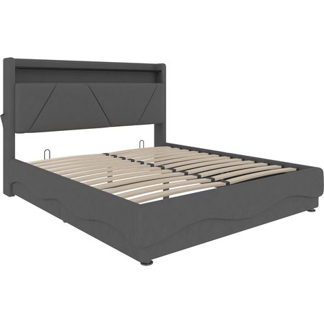 Polsterbett 160x200 cm aus dunkelgrauem Samt mit LED, Ablage und USB (1/5)