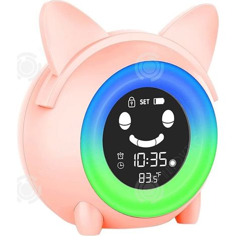 1 réveil enfant, forme de chat rose, veilleuse LED réglable, 8 mélodies, pour chambre d'enfant dès 3 ans