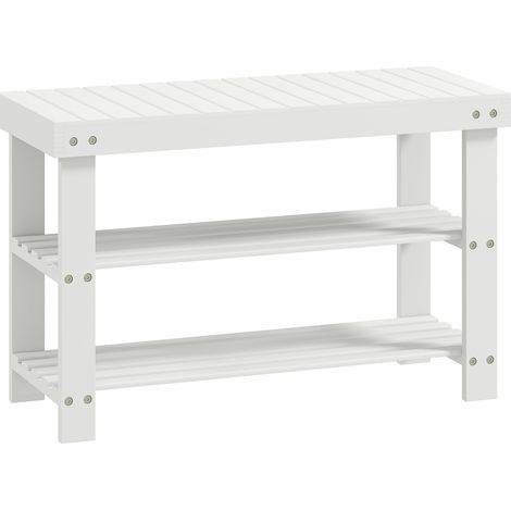 Panca portascarpe in bambù con 2 ripiani e seduta contenitore 70x28x45 cm bianco HOMVRA (1/5)