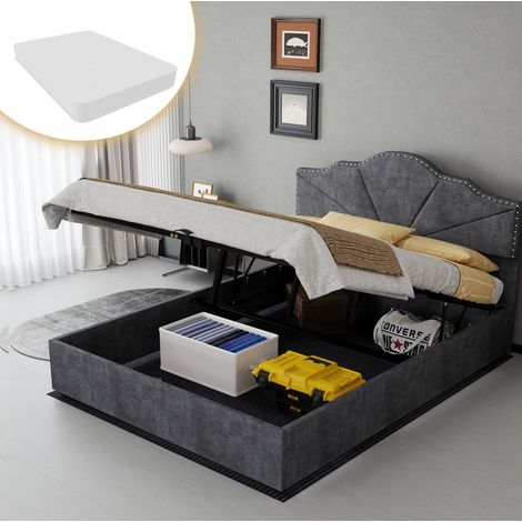 Cama tapizada moderna gris 140x200 cm con cabecero geométrico, arcón elevable con pistón y colchón incluido
