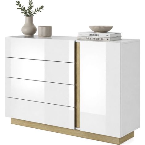 Highboard Halana, Anrichte 4 Schubladen, ein Regal, Klapptür, Schiebe, 138x40x91h cm Hochglanz Weiß