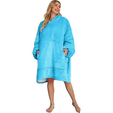 Couverture à manches et capuche, type sweat-shirt, poche, taille unique, 160 x 85 cm, bleue (1/5)